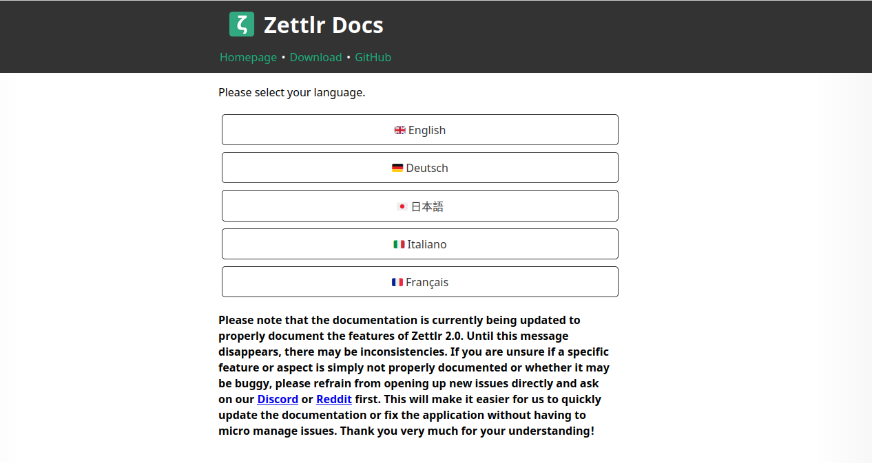 Captura de pantalla de la documentación de Zettlr
