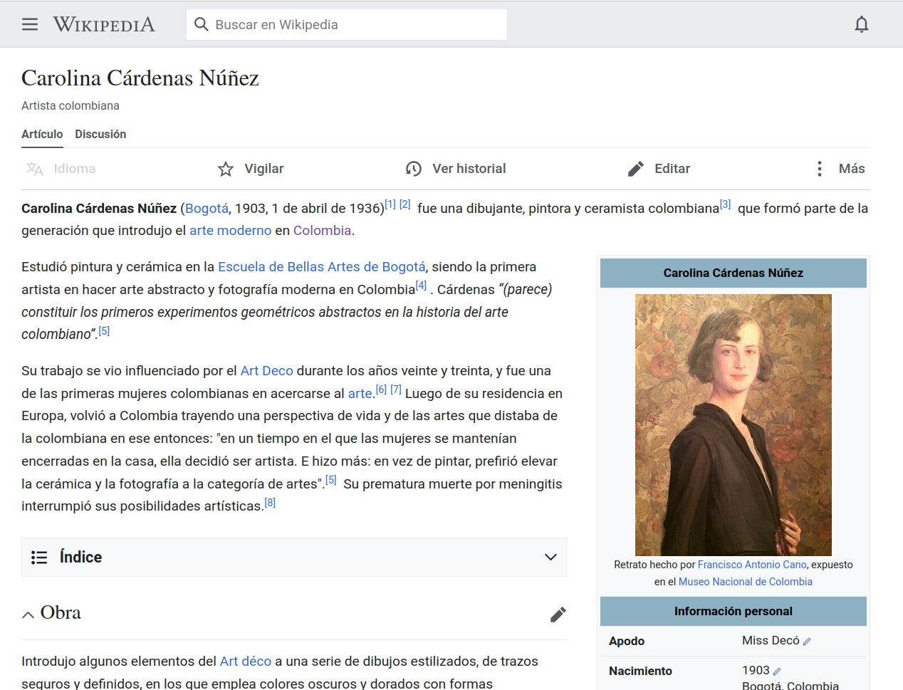 Artículo de Wikipedia de Carolina Cárdenas Núñez